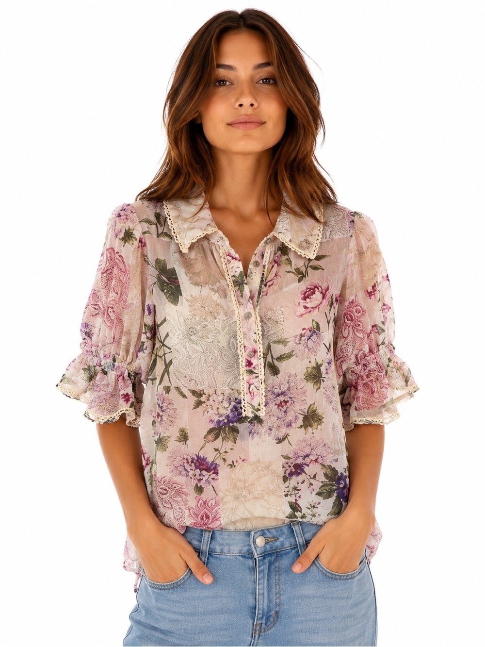Alex & Lili Floral Paisley Sheer Blouse Pink Purple Romantic Cottagecore M